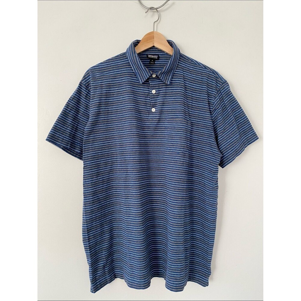Patagonia Men Squeaky Clean Polo Shirt XL Organic Cotton Striped Blue Gorpcore